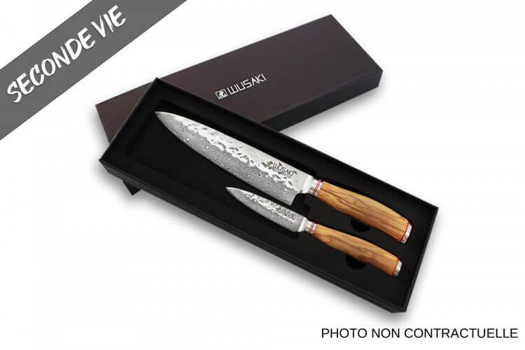 Coffret de 2 couteaux Wusaki Damas VG10 manches en olivier Chef + Office - Reconditionné