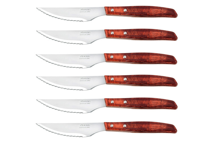 Coffret de 6 couteaux &agrave; steak/pizza Arcos lame dentel&eacute;e 11cm manche en bois de peuplier rouge