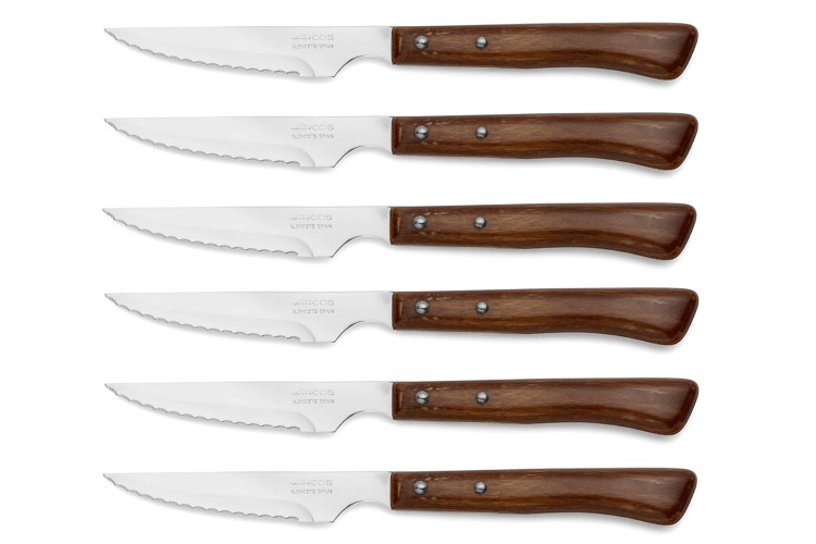 Coffret de 6 couteaux &agrave; steak/pizza Arcos lame dentel&eacute;e 11cm manche en bois de h&ecirc;tre compress&eacute;