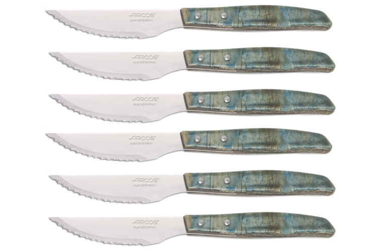 Coffret de 6 couteaux &agrave; steak/pizza Arcos lame dentel&eacute;e 11cm manche bois bleu