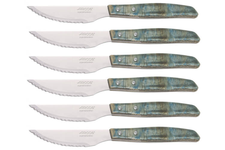 Coffret de 6 couteaux à steak/pizza Arcos lame dentelée 11cm manche bois bleu