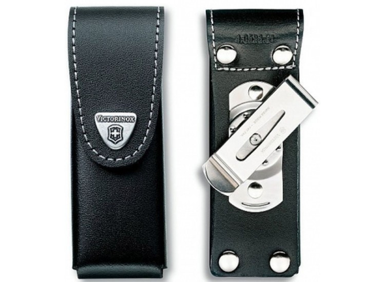 Etui cuir noir + clip pivotant Victorinox pour couteaux suisses 9,1cm - 15 &agrave; 23 pi&egrave;ces