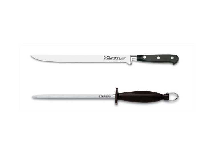 Coffret couteau &agrave; jambon et fusil &agrave; aiguiser 3 Claveles